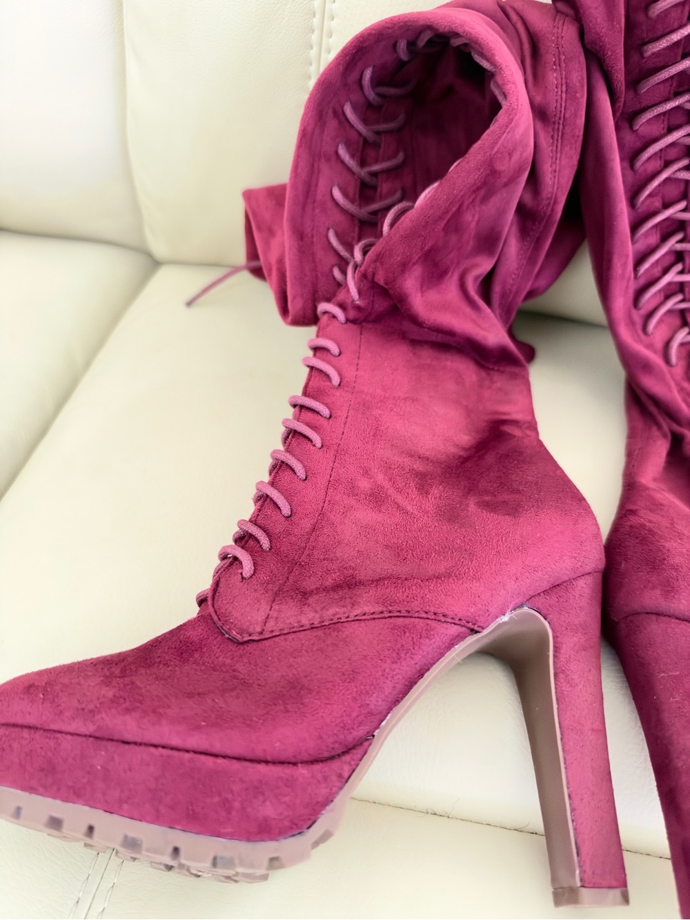 Remi Women's Lace-Up Knee High Suede High-Heel Boots